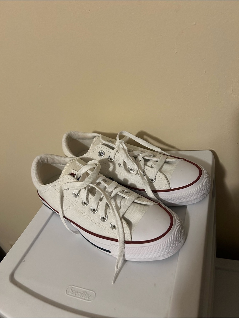 Converse Low-Top Canvas Sneakers in White with Red Trim